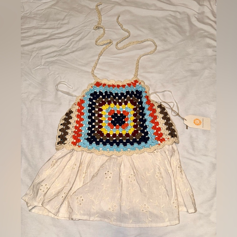 Crochet Halter Top with Colorful Square Design